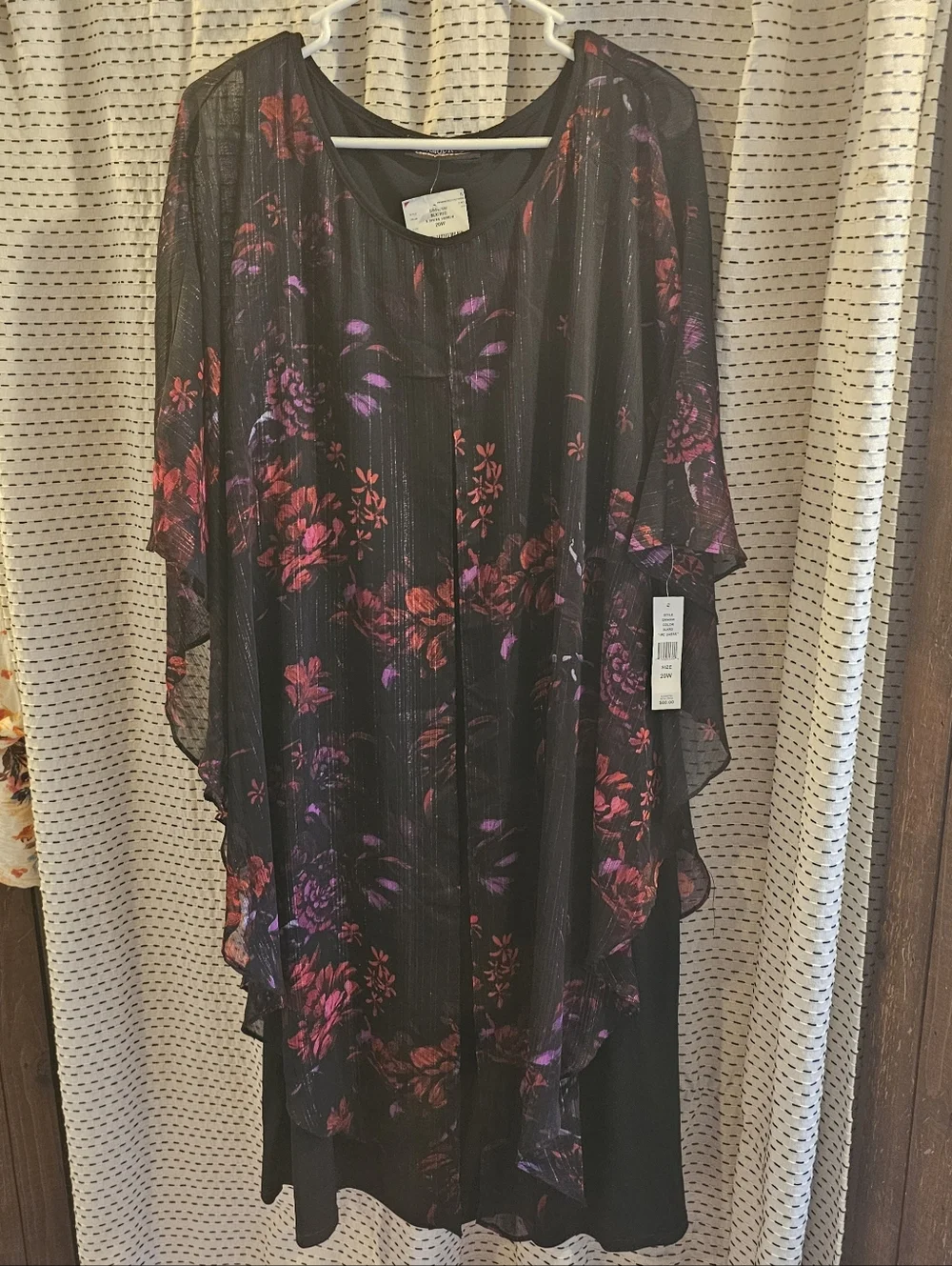 Elegant Black Maxi Dress with Red & Purple Floral Overlay - Picture 1 of 8